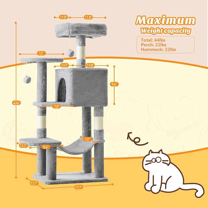 44 Inch Small Cat Tree Tower for Indoor Cats and Kittens | Multi-Level Cat Climbing Tower with Natural Sisal Scratching Post and Hammock, Pet Condo, Light Grey