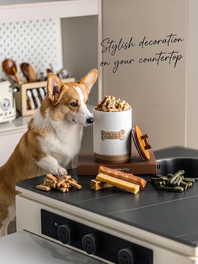 Miamolo Dog Treat Jar Ceramic Dog Treat Container with Wooden Lid, 8 Cups Airtight Dog Food Storage Container for Countertop, Farmhouse Dog Biscuit Jar Gift for Dog Lovers - Bone Dotted White