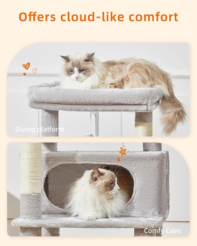 Taoqimiao Cat Tree, 49In Cat Tower for Indoor Cats Large Adult | 2 Luxurious Cat Condos, Thick Padded Top Perch, Adjustable Hanging Baskets, 5 Scratching Sisal Posts, Light Gray MS029LW