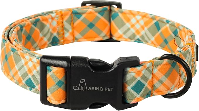ARING PET Fall Dog Collar, Cute Orange Green Plaid Halloween Autumn Pet Collars with Quick Release Buckle for Puppy Small Medium Large Girl Boy Dogs Cotton-L