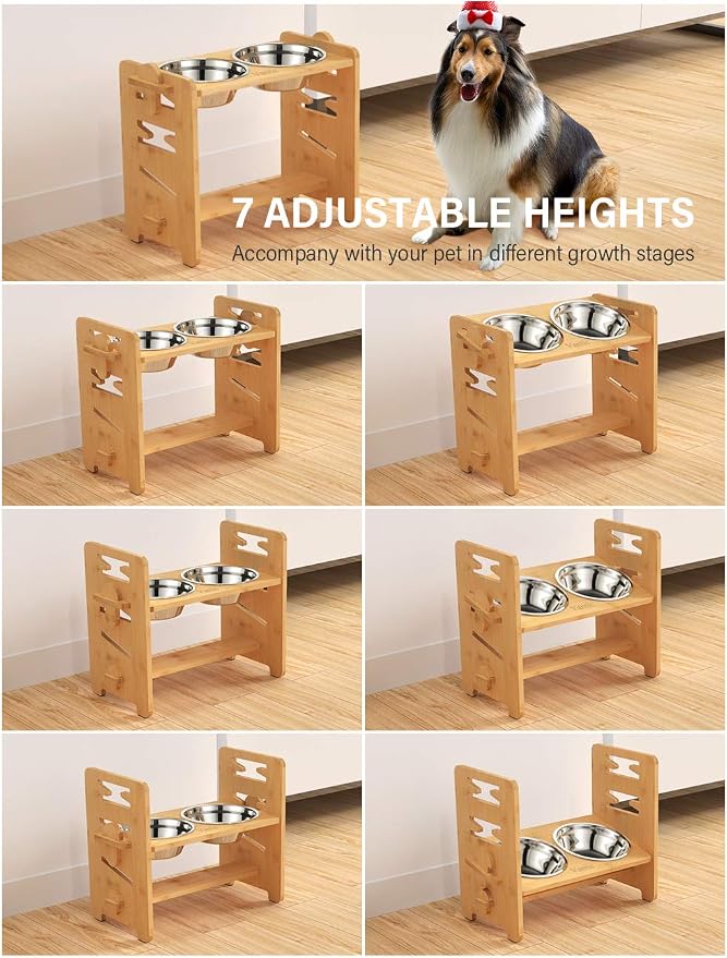 Elevated Dog Bowls, Raised Dog Bowl Stand Adjustable Medium, Natural | Bamboo Elevated Feeder with 2 Stainless Steel Bowls, Adjustable Height Stand for Medium Dogs