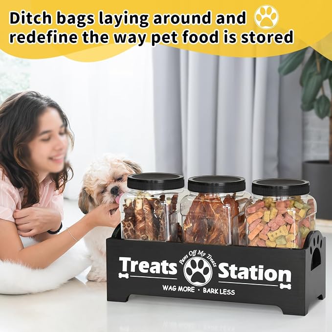 Dog Treat Container Dog Food Storage Container for Countertop, Cat Food Storage Container with 3 Plastic Dog Treat Jar, Dog Food Storage Container for Dog and Cat, Black Wooden Dog Food Container