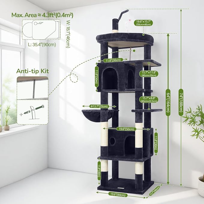 Globlazer F74B Cat Tree for Indoor Cats Large Adult, Multi-Cat, Dark Grey | Easy Setup, 74in Tall Tower, Oversized Top Perch, 2 Large Condos, Hanging Basket, 5 Sisal Scratching Posts, Anti-Topple Strap