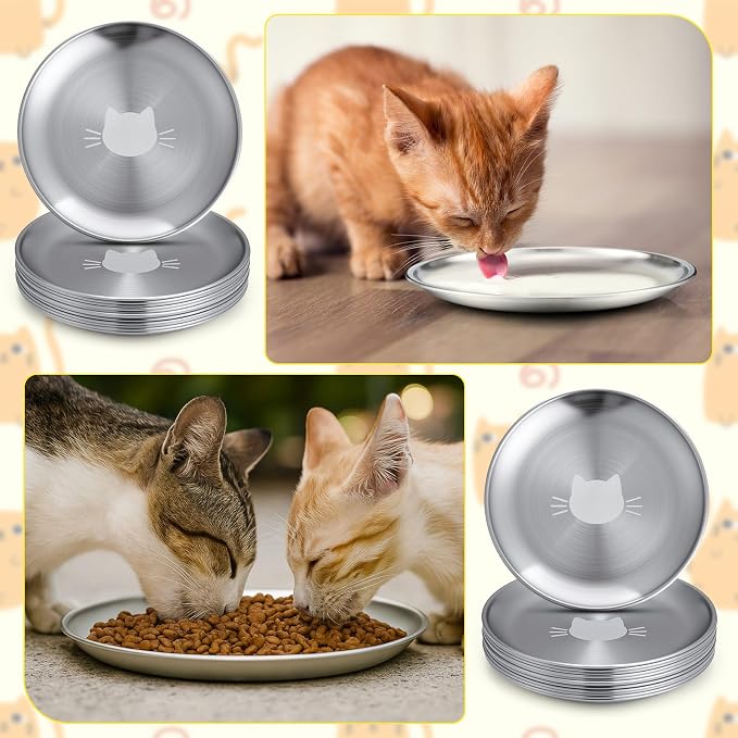 Domensi 12 Pieces Stainless Steel Cat Bowl Metal Pet Food Dish Beard Fatigue Relief Replacement Easy to Clean Indoor Wet Feeding Flat Plates for Dogs Kitten and Other Small Animals(6.7 Inch,Cat)