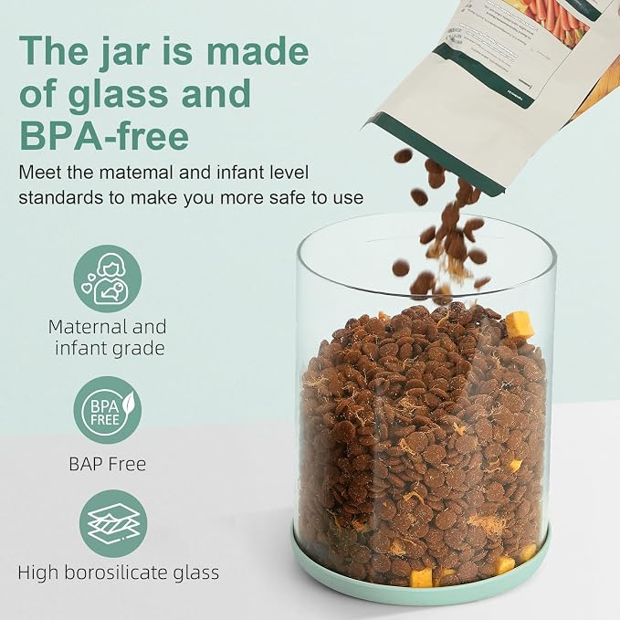 Dog-Cat Food Storage Container, 2 L Airtight Glass Treat Jar | 2 L/2.2 qt borosilicate glass jar with one-push airtight lid; BPA-free, removable lid for cleaning; for kibble and treats.