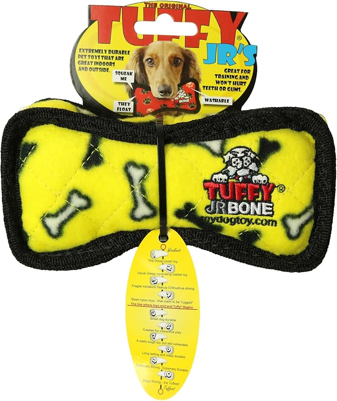 TUFFY - World's Tuffest Soft Dog Toy - Junior Bone -Squeakers -Multiple Layers. Made Durable, Strong & Tough.Interactive Play(Tug, Toss & Fetch). Machine Washable & Floats (Yelllow Bone, Bone2 2 Pack)