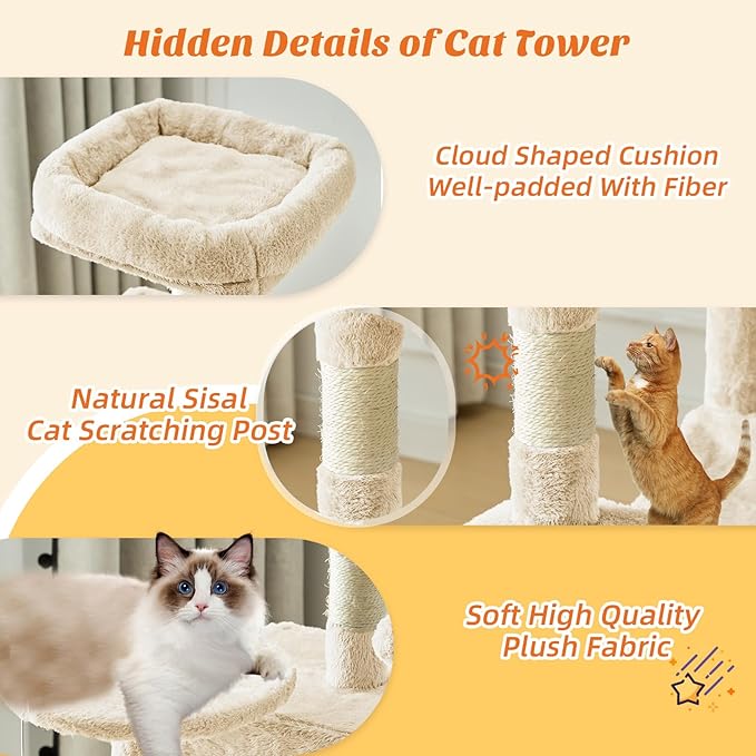 DUMOS Small 44 Inch Cat Tree Tower with Natural Sisal Scratching Posts | Cat Tree with Hammock, Pet Condo for Indoor Cats and Kittens Play, Beige