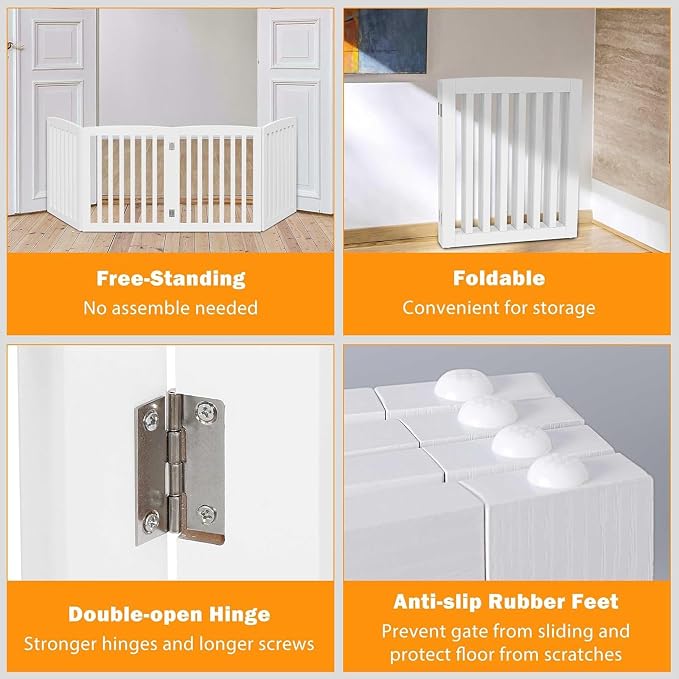 Extra Wide Dog Gate 82 x 24 Inch Freestanding Indoor Pet Door for House Doorways Stairs Halls, Foldable Wood Safety Fence 4 Panels, White