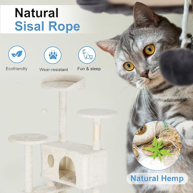 FDW | 62" Cat Tree Tower | Beige | Multi-Level Indoor Activity Center with Sisal Scratching Posts, Condos, Plush Perches, Hanging Cat Toys | Sturdy, Easy to Assemble | for Kittens & Adult Cats