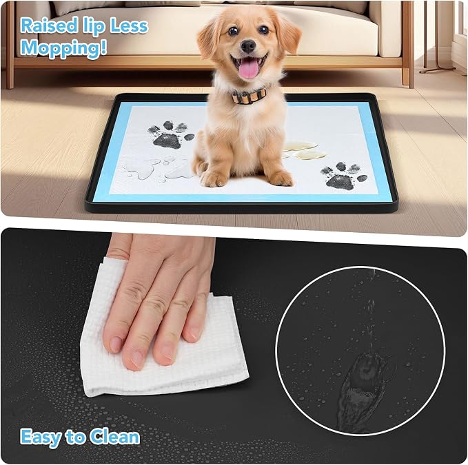 Pee Pad Holder for Dogs, Dog and Puppy Pee Pads Holder, 24"x24" Non-Slip & Leak-Proof & Portable Silicone Mat with Raised Edge Design, Square Puppy Potty Training Tray for Home Floor Protection(Black)