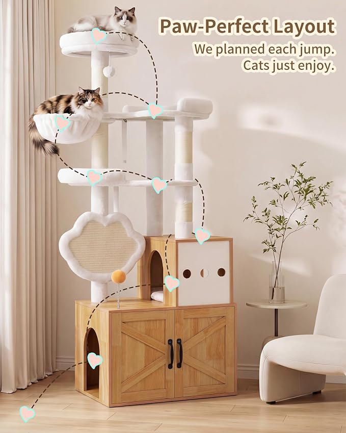 Heybly Cat Tree with Litter Box Enclosure, Modern 64" Hidden Tower HCT105WB | All-in-One Solid Wood Cat Condo for Indoor Cats with Paw-Shaped Board, Multi-Level Perch & Playzone, Walnut