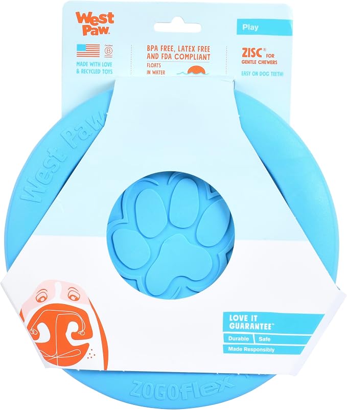 West Paw Zogoflex Zisc Dog Flying Disc, High Flying Aerodynamic Disc for Dogs Puppy – Lightweight, Floatable Disc for Fetch, Tug of War, Catch, Play – Doubles as Food/Water Bowl, Large 8.5", Aqua Blue