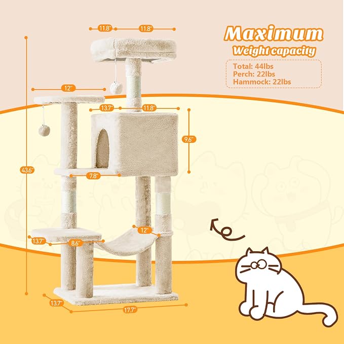 DUMOS Small 44 Inch Cat Tree Tower with Natural Sisal Scratching Posts | Cat Tree with Hammock, Pet Condo for Indoor Cats and Kittens Play, Beige