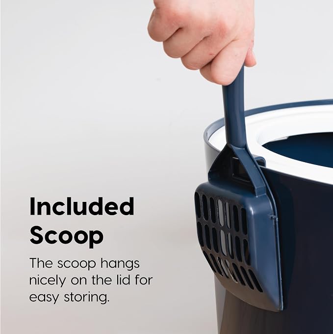 IRIS USA Large Cat Litter Box with Lid, Top Entry Design, Covered Enclosure, Dog Proof, Litter Scatter Control, Odor Reducing, Includes Scoop for Indoor Cats & Kittens, Navy/White, Made in the USA