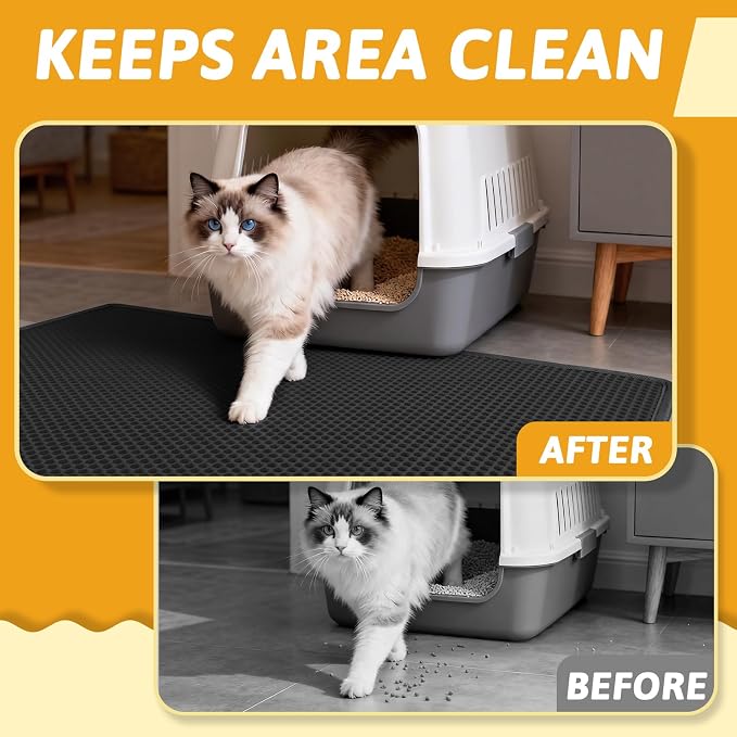 Pieviev Litter Box Mat, Double-Layer Waterproof Design, 47" x 36" Black | Honeycomb Litter Trapping Mat Captures Scattered Particles to Stop Tracking, Waterproof Base Protects Floors, Easy to Clean