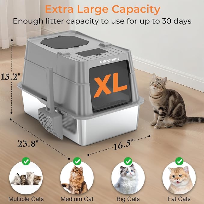 URPOWER Stainless Steel Cat Litter Box with 110° Flip-Top Lid, XL Enclosed Metal Litter Box for Large Cats, Odor Control, Anti-Urine Leakage, Non-Stick Pan, Front Entry Top Exit, Scoop & Mat Included