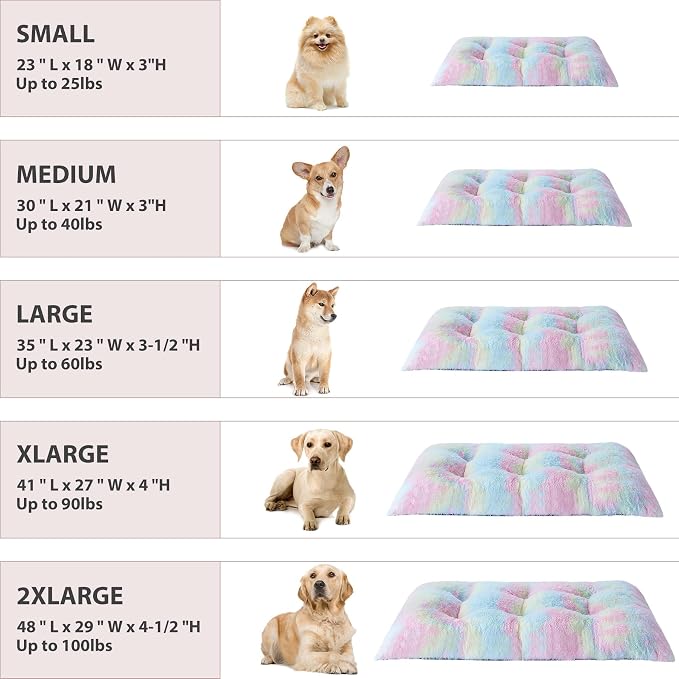 BFPETHOME Dog Beds for Large Dogs, Plush Dog Crate Bed Fluffy Cozy Kennel Pad for Sleeping &Ease Anxiety, Washable Pet Mats with Anti-Slip Bottom for Large Medium Dogs, Pet Bed, Rainbow