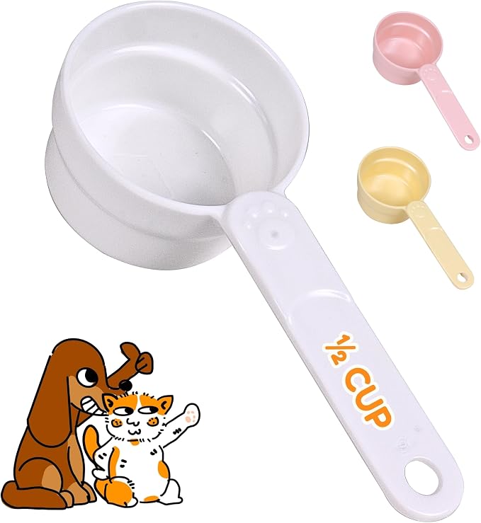 1/2 Cup Dog Food Scoop, Extra Long Handle Sturdy Melamine Pet Food Measuring Scoop with Clear Marking Lines, BPA-Free, Shatterproof, Dishwasher Safe (White, 1/2 Cup)