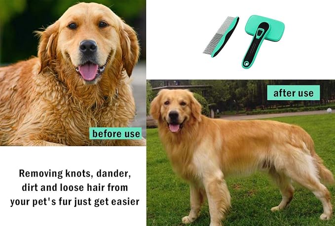 pain free bristle Self Cleaning Slicker Brush + FREE 7.5" Steel Comb for Small, Medium，Large dogs and cats,Easy to Clean Shedding Removes Mats Tangles and Loose Hair