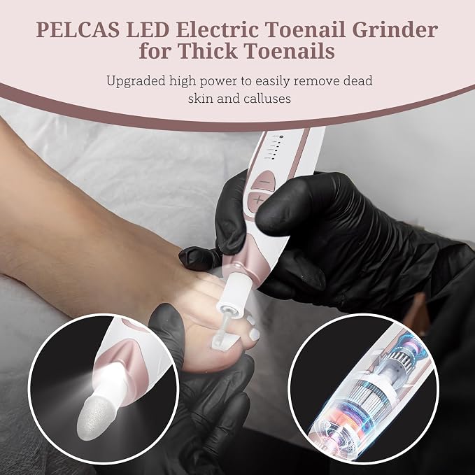 PELCAS Electric Nail File, 5 Speeds Nail Grinder for Thick Toenails | 5 Speeds Manicure and Pedicure Kit with LED Light, Electric Nail File for Human,Seniors,Thick Toenails,Natural, Acrylic Nails
