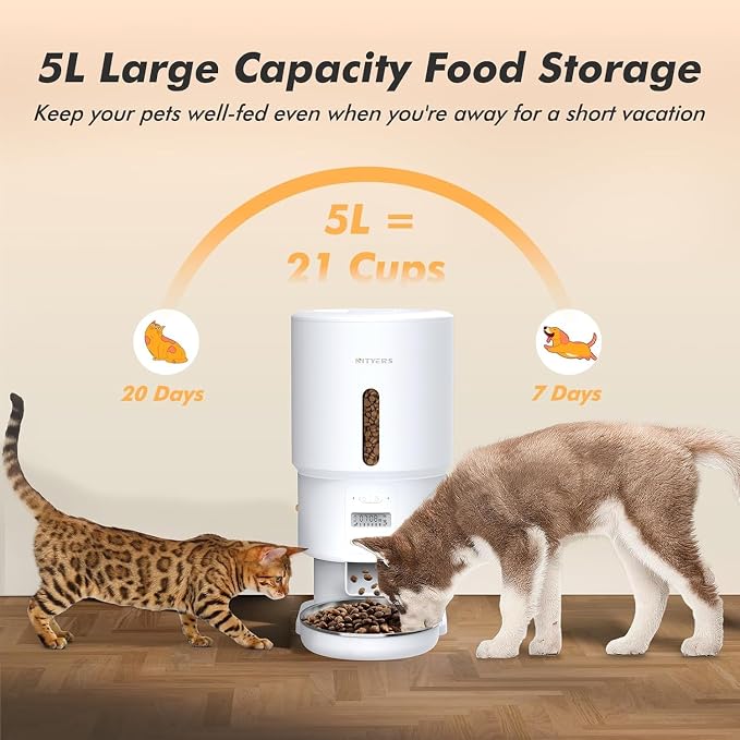 Automatic Cat Feeder - 5L Anti-Clog Cat Food Dispenser Keeps 2-15mm Dry Food Fresh, 10s Voice, 1-6 Meals/Day, Programmable Portions, 180-Day Battery Life, Easy to Clean Auto Pet Feeder for Small Dog