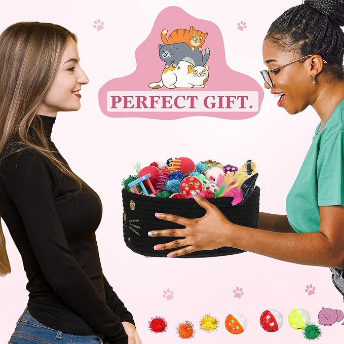 Zopeal 58 Pcs Summer Cat Storage Basket Gift Toys Set, Colorful Flashing Balls Pet Bell Crinkle Balls Spring Toys Attract Cat to Swat, Hunt, Interactive for Pet(Black,9.8 Inch)
