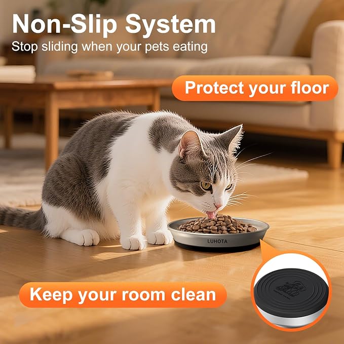 2 Pcs Stainless Steel Cat Bowls, Shallow Wide Food Water Bowls with Non-Slip Silicone Base, Dishwasher Safe for Cats Kittens Small Dogs Indoor Outdoor Use