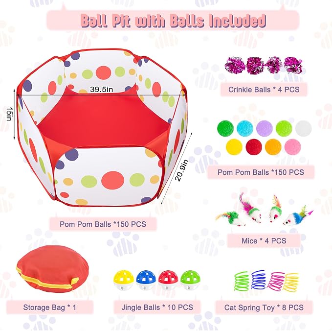 Cat Ball Pit with Balls for Cats, 176 Pcs Interactive Cat Toys for Bored Indoor Cats Self Play Cat Enrichment Toys for Fun and Exercise, Pom Pom Balls Jingle and Crinkle Ball, Springs and Mice toy