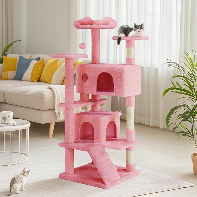 DUMOS 54-inch Cat Tree Tower with Scratching Posts, Indoor Use | Multi-Level Pet House for Large Cats with 2 Condos, Round Platform, Small Ladder and Toys, Pink