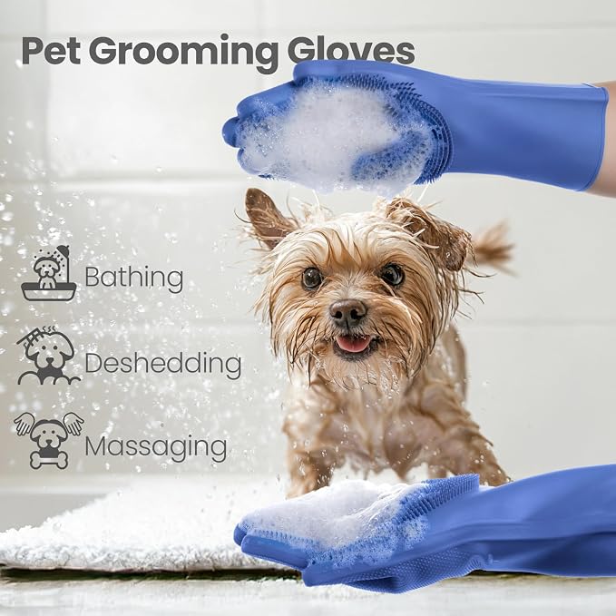 DELOMO Large Silicone Pet Grooming Gloves Dog Washing Gloves, 1 Pair Blue | 3000 Soft Silicone Bristles, 5-Finger Flexible, Massages & Removes Fur, Non-Slip, Easy Clean, for Dogs/Cats/Horses