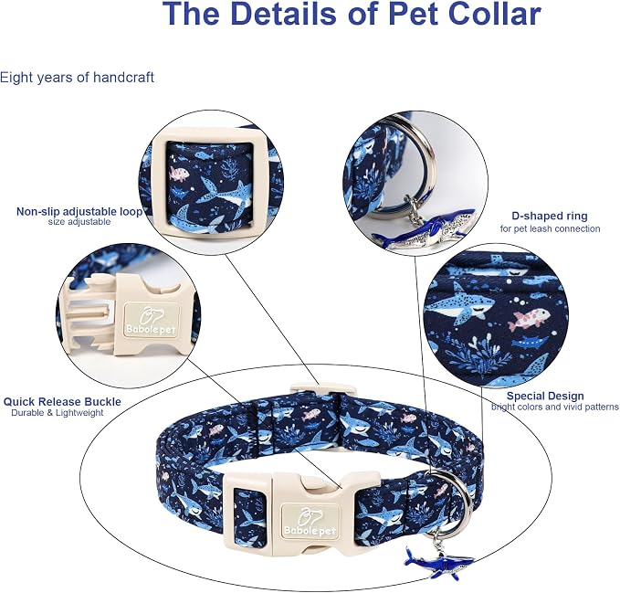 Blue Shark Dog Collar, Cute Boy Dog Collars for Medium Dogs - Summer Ocean Pattern Female Male Dogs Collar, Durable Adjustable Pet Cartoon Collars with Quick Release Buckle M