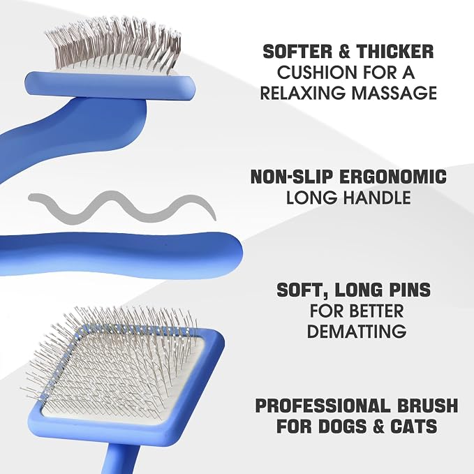 Bonteck Dog Slicker Brush for Dogs Grooming Kit 5PCS | Large Dog Brush for Goldendoodles Poodles Doodles | Long Pin Haired Brush | Poodle Brushes and Comb (Blue)
