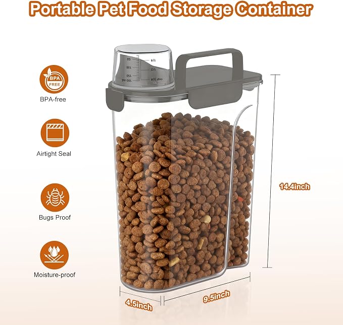 Uppetly Dog Cat Food Storage Container, 5-7Lbs Pet Food Containers, Airtight Cat Food Container with Portable Handle & Measuring Cup, Small Animal Dry Food Dispenser for Dogs, Cats and Birds Grey