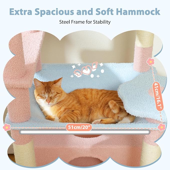 PAWZ Road Flower Cat Tree 72" Cat Tower with Condos&Hammock for Large Cats | cute cat tree in pink&blue, 20"×16" hammock for adult cats, 7 scratch posts + pad, dual condos&perches for multi-cats