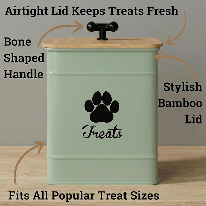 Dog Treat Container Airtight - 6 Inch Wide x 8 Inch Tall Iron Dog Treat Jar for Kitchen Counter with Airtight Bamboo Lid - 12 Cup Capacity Pet Treat Container - Doggie Cookie Jar - Big Treats Canister