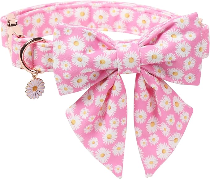 DOGWONG Spring Dog Collar with Sailor Bow, Soft Comfortable Adjustable Cute Pink Daisy Collar Flower Dog Collars for Small Dogs, M