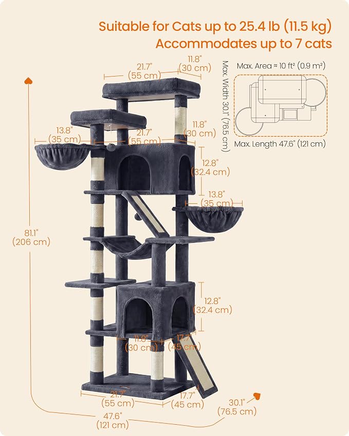 Feandrea Large Cat Tree, 81.1" Tall Sturdy Cat Tower for Indoor, Dark Gray | Sturdy Tall Climbing Tower, Multi-Level Condo for Indoor Cats, Dark Gray, CLAWFY Collection UPCT021G201