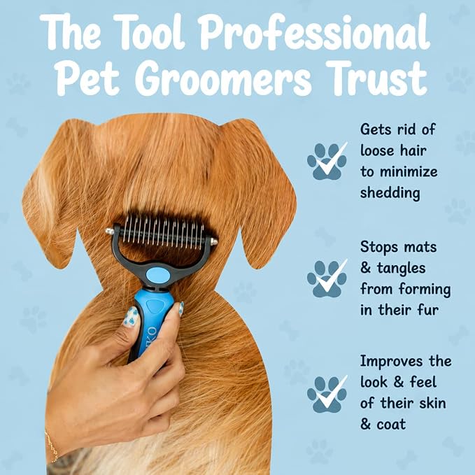 Sinko Shedding Brush for Dog and Cat, Undercoat Rake & Comb with Extra-Wide Double-Sided Stainless Steel Teeth for Deshedding, Brushing, Removing Loose Fur, Knots, Mats & Tangles in Pets (Blue)