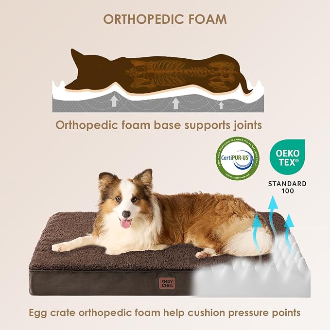 EHEYCIGA Orthopedic Dog Bed Large with Removable Washable Cover, 41IN Brown | Egg Crate Foam Support, Durable Oxford fabric, Non-Slip Bottom, Machine Washable, Soft Waterproof Plush Pet Bed Mat For Crate