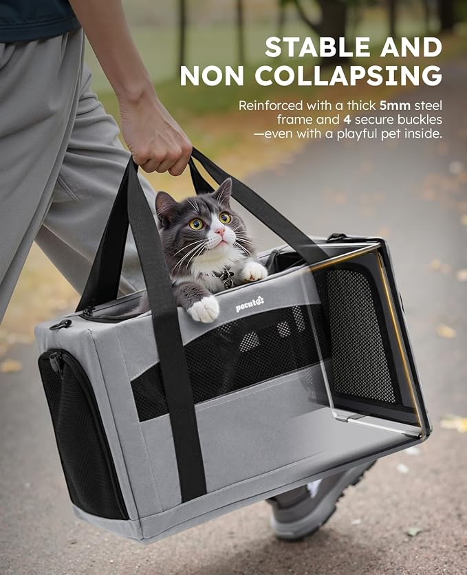 Pecute Cat Carrier Stable, Pet Carrier with Hidden Anxiety Relief Partition & Stable Steel Frame, Safe Cat Carrier for Car Travel, Soft-Sided Dog/Cat Carrier Bag for Pets Up to 11lbs, Gray