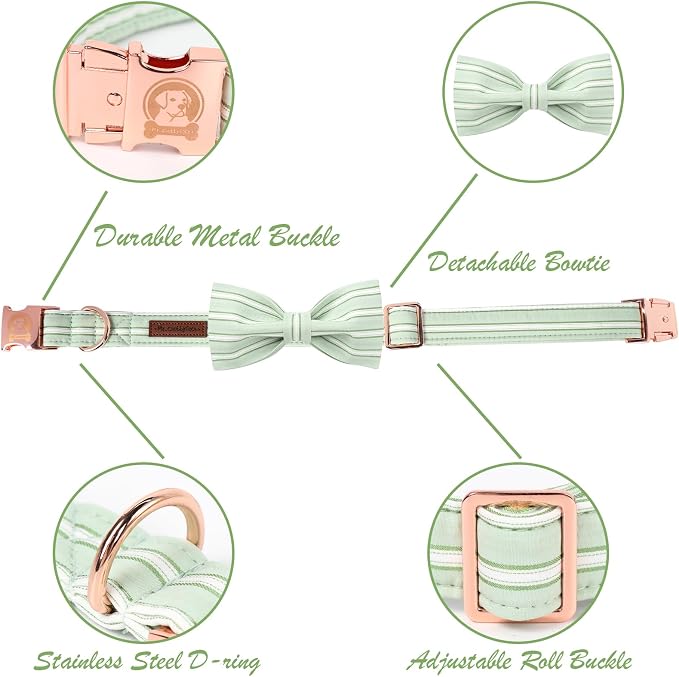 Green Dog Collar with Bowtie, Cute Pet Collar for Girl Boy Female Dogs, Adjustable Cotton Puppy Collar with Metal Buckle for Medium Dogs