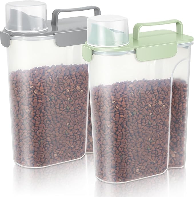 LEAWALK Cat Dog Food Storage Container Upgraded Large Nozzle, BPA-Free 5Lbs/6Qt/5L Plastic Pet Food Storage Container With 4 Sealed Clasps and Handle, Easy to Clean and Carry-2 Pack Gray+Green