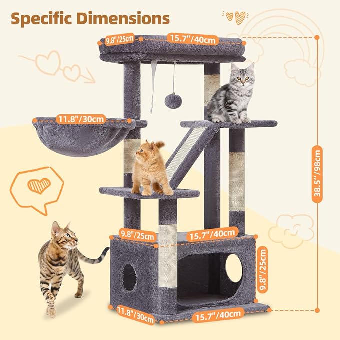 Taoqimiao Cat Tree, 38.5In Cat Tower for Indoor Cats, Suitable for Kittens | Thick Padded Top Perch, Luxurious Cat Condo, Adjustable Basket, 1-Piece Ramp Scratcher, 3 Sisal Posts, Smoky Gray, MS029SG