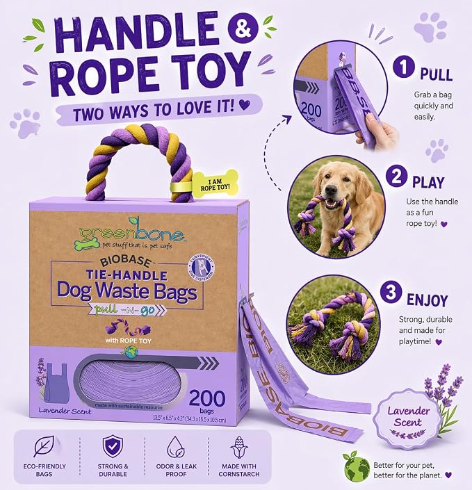 Greenbone Poop Bags for Dogs with Handles Lavender Scent Purple with Bonus Rope Pet Toy, 200 Count on Single Roll, Plant Based