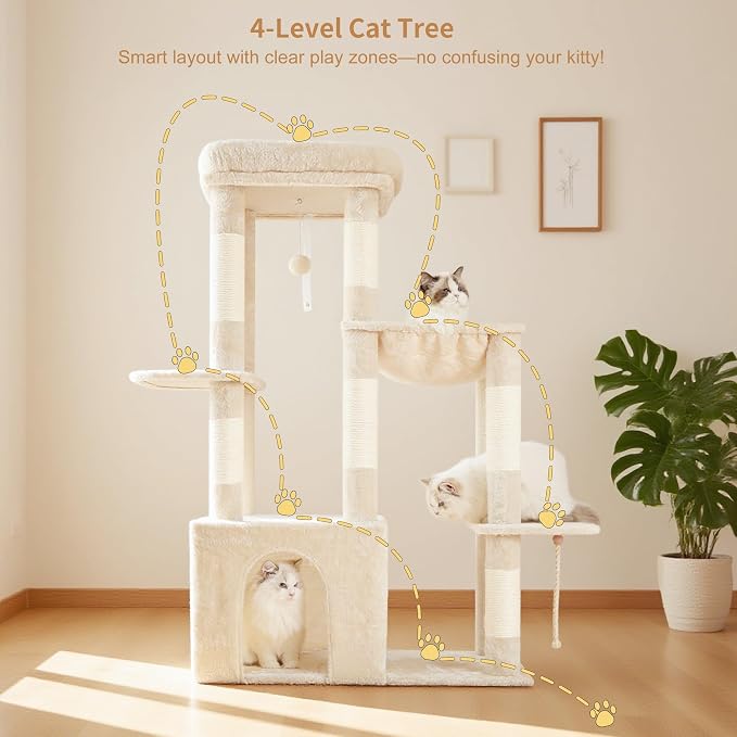 Heybly Heavy Duty Cat Tree with Large Base for Large Indoor Cats HCT026M | Cat Tower with Scratching Posts, Tall Cat Condo House , Multi-Level Plush Furniture with Hammock & Toy Balls, Beige