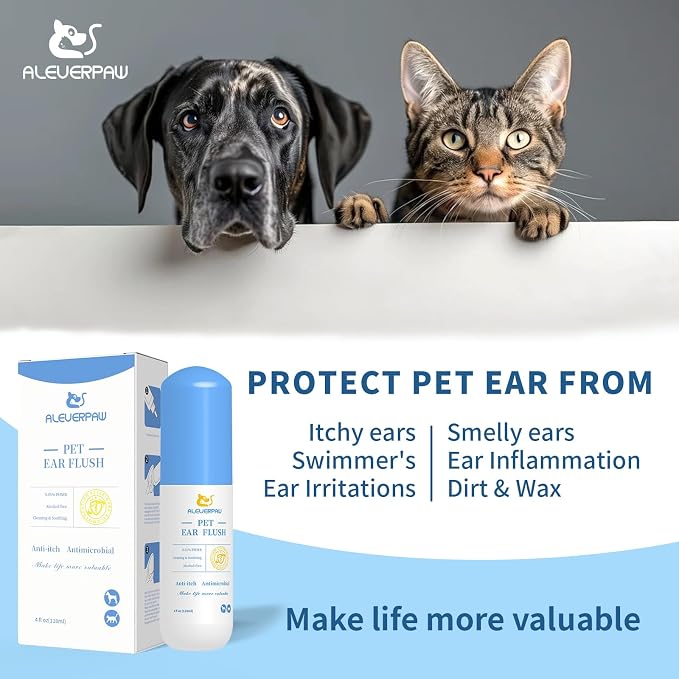 Tris Flush Cat & Dog Ear Cleaner | Pet Ear Infection Treatment | Hypoallergenic pet flush with PHMB. Cleans ear canal & removes odor safely. Includes 20 cotton swabs. 4 fl oz.