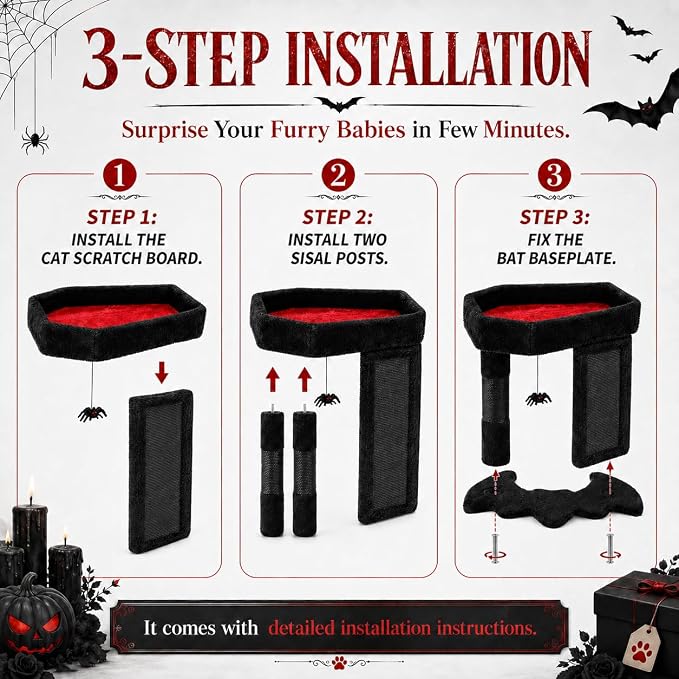 Gothic Cat Tree Tower with Coffin Cat Bed for Indoor Cats, Halloween Spooky Cat Scratcher,Goth Cat Tree with Sisal Scratchig Post and Spider Dangling Toys,Black with Red