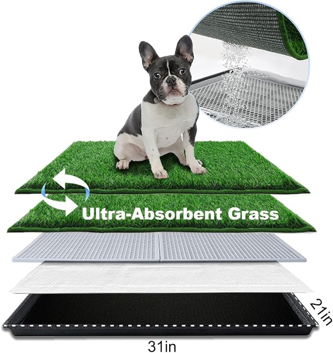 HQ4US 4LEGS Dog Grass Pad with Tray Medium 31”×21”, Dog Litter Box with Odor Free Artificial Grass Pee Pads for Dogs Potty Tray with Hemmed Edge, Realistic for Indoor Balcony