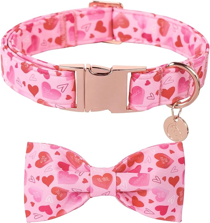 DOGWONG Valentine's Dog Collar with Bow - Cute Heart Bowtie Dog Collars, Adjustable Valentine Pink Heart Pet Collars Design Dog Collar with Quick Release Buckle for Puppy Girl Boy Female Dogs
