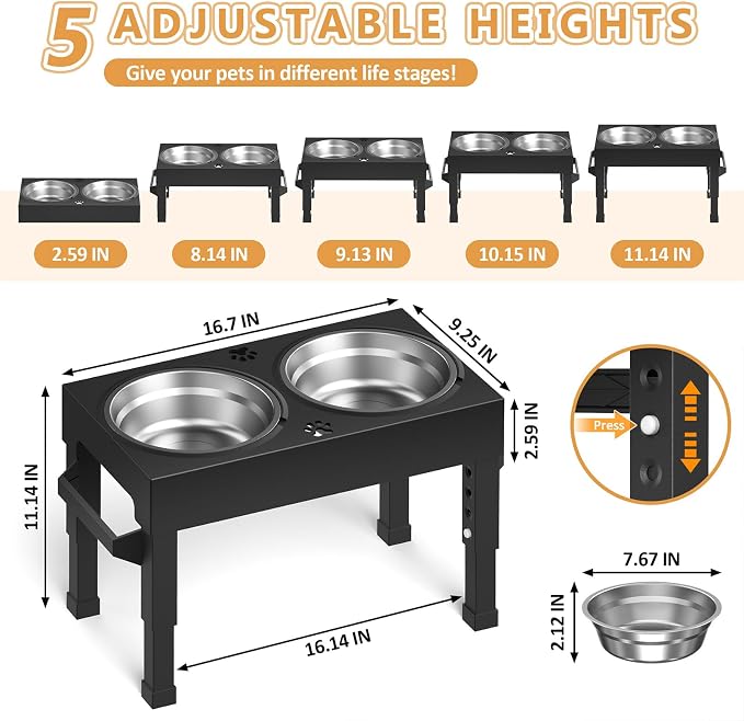 Elevated Dog Bowls Stand Large Breed, Height Adjustable Raised Dog Bowls Holder with 2 Stainless Steel Food Bowls for Small, Medium and Large Canine，Black